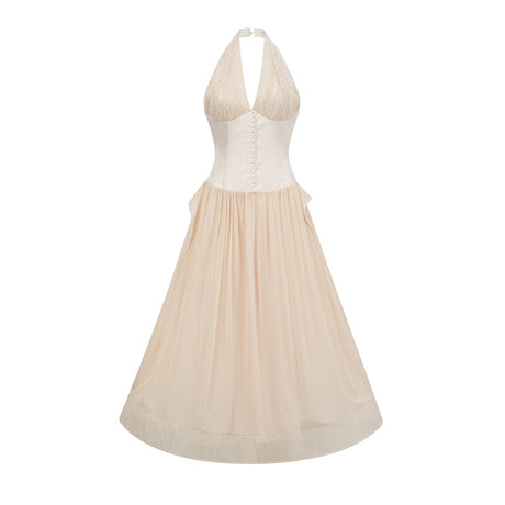 Delaney Midi Dress - Halterneck Sleeveless Tulle Cinched Waist Ankle - Length Zip Fastening