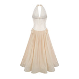 Delaney Midi Dress - Halterneck Sleeveless Tulle Cinched Waist Ankle - Length Zip Fastening