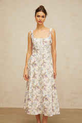 Delaney Midi Dress White Floral Print Boned Bodice & Lace - Up Closure