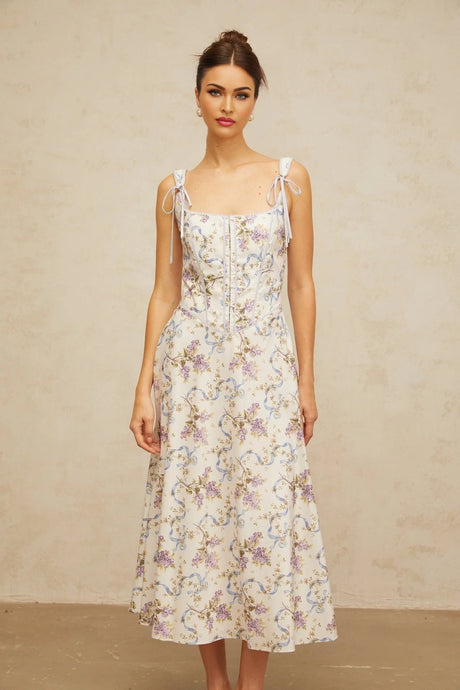 Delaney Midi Dress White Floral Print Boned Bodice & Lace - Up Closure