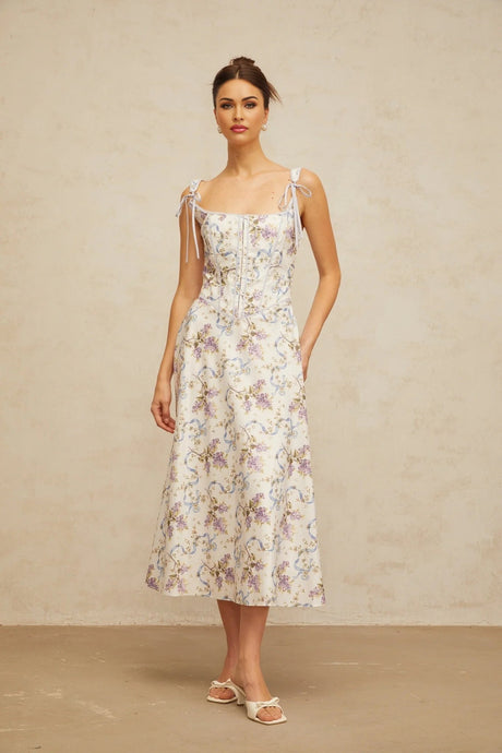 Delaney Midi Dress White Floral Print Boned Bodice & Lace - Up Closure
