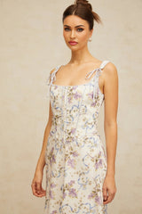 Delaney Midi Dress White Floral Print Boned Bodice & Lace - Up Closure