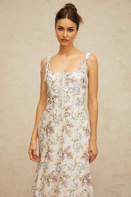 Delaney Midi Dress White Floral Print Boned Bodice & Lace - Up Closure
