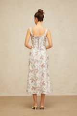 Delaney Midi Dress White Floral Print Boned Bodice & Lace - Up Closure