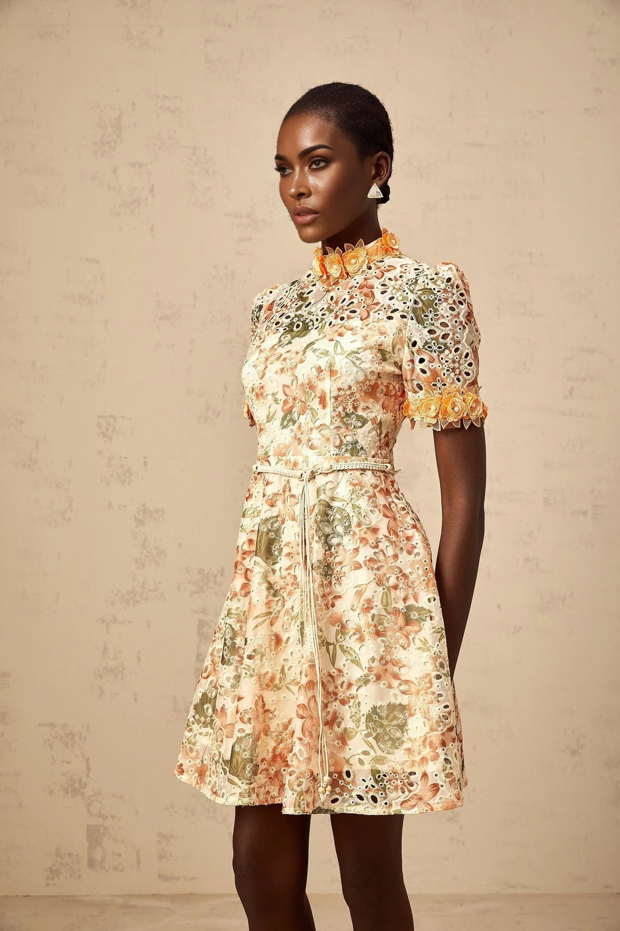 Delaney Mini Dress Orange Flower Embroidered Pearl Detail & Cut - Out