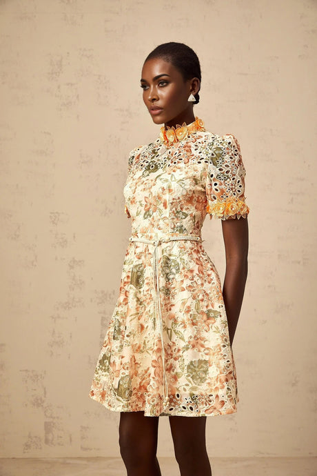 Delaney Mini Dress Orange Flower Embroidered Pearl Detail & Cut - Out