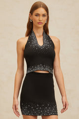 Delaney Rhinestone Top & Skirt - Sleeveless Halterneck - Cropped Fine Knit - Slip - On Style - Elasticated Waistband