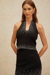 Delaney Rhinestone Top & Skirt - Sleeveless Halterneck - Cropped Fine Knit - Slip - On Style - Elasticated Waistband