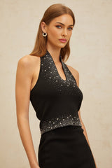 Delaney Rhinestone Top & Skirt - Sleeveless Halterneck - Cropped Fine Knit - Slip - On Style - Elasticated Waistband