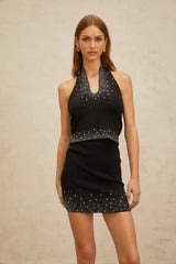 Delaney Rhinestone Top & Skirt - Sleeveless Halterneck - Cropped Fine Knit - Slip - On Style - Elasticated Waistband