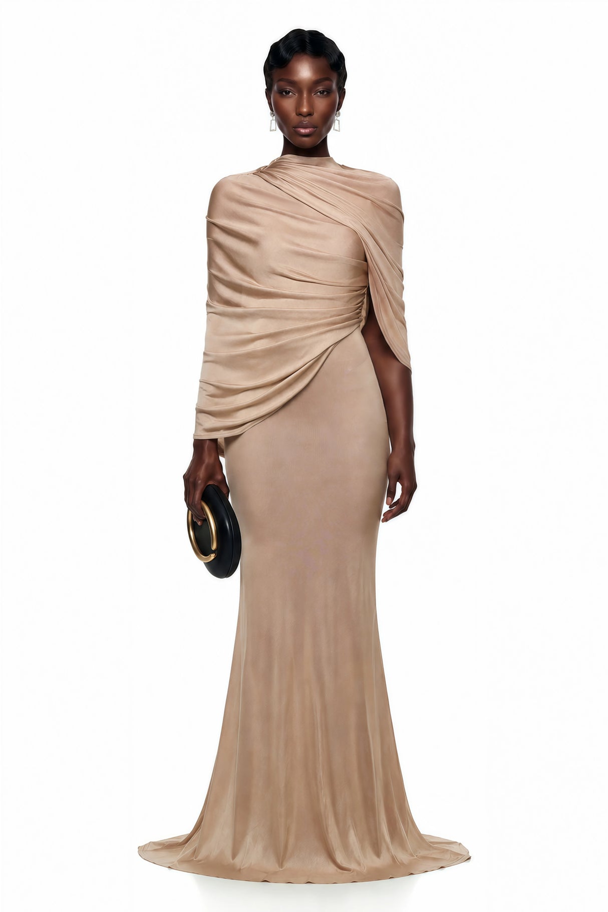 Delfina Beige Draped Cape Asymmetrical Maxi Dress