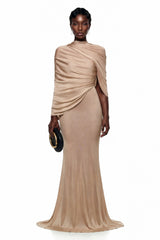 Delfina Beige Draped Cape Asymmetrical Maxi Dress