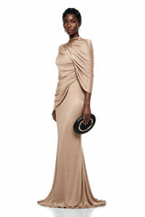Delfina Beige Draped Cape Asymmetrical Maxi Dress