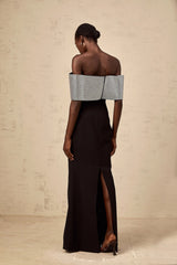 Delia Maxi Dress Black Silver Rhinestone Bow Off - Shoulder Charm
