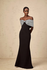 Delia Maxi Dress Black Silver Rhinestone Bow Off - Shoulder Charm