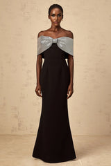 Delia Maxi Dress Black Silver Rhinestone Bow Off - Shoulder Charm