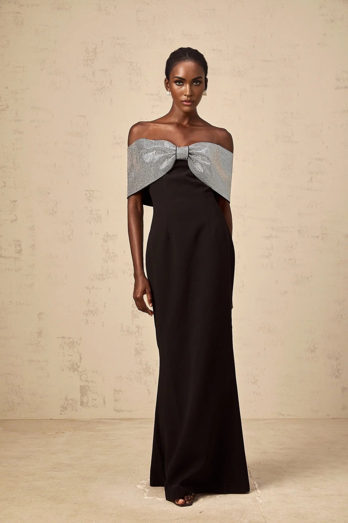 Delia Maxi Dress Black Silver Rhinestone Bow Off - Shoulder Charm