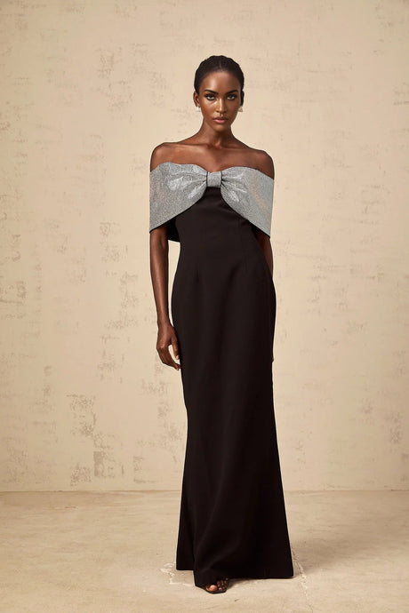 Delia Maxi Dress Black Silver Rhinestone Bow Off - Shoulder Charm