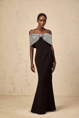 Delia Maxi Dress Black Silver Rhinestone Bow Off - Shoulder Charm