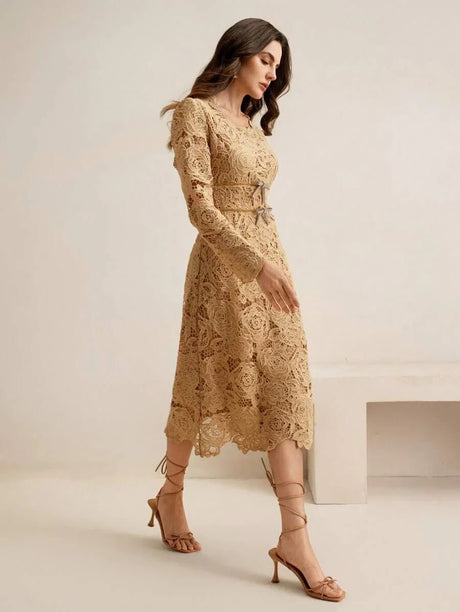 Delia Midi Dress - Round Neck - High Waist - A Line - Elegant