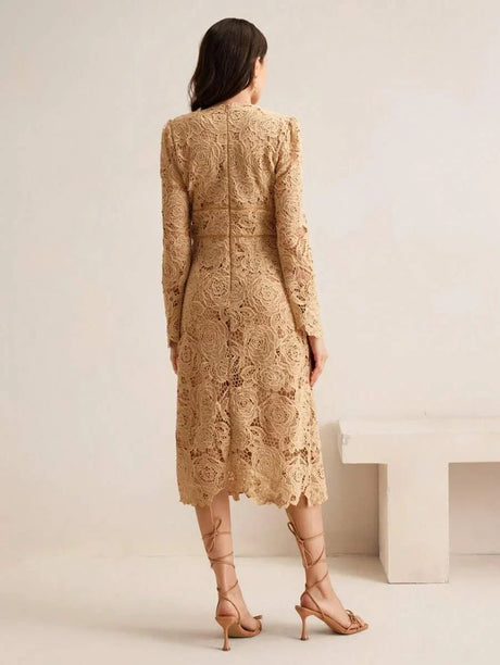 Delia Midi Dress - Round Neck - High Waist - A Line - Elegant