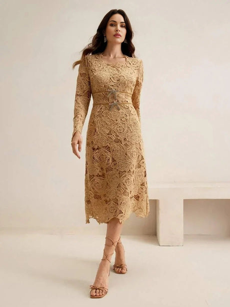 Delia Midi Dress - Round Neck - High Waist - A Line - Elegant