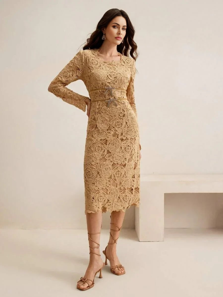 Delia Midi Dress - Round Neck - High Waist - A Line - Elegant