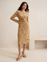 Delia Midi Dress - Round Neck - High Waist - A Line - Elegant