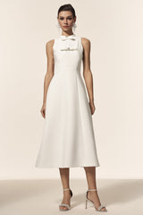 Delia White Midi Dress with Bowknot Detailing and Elegant Silhouette for Formal Events and Casual Outings