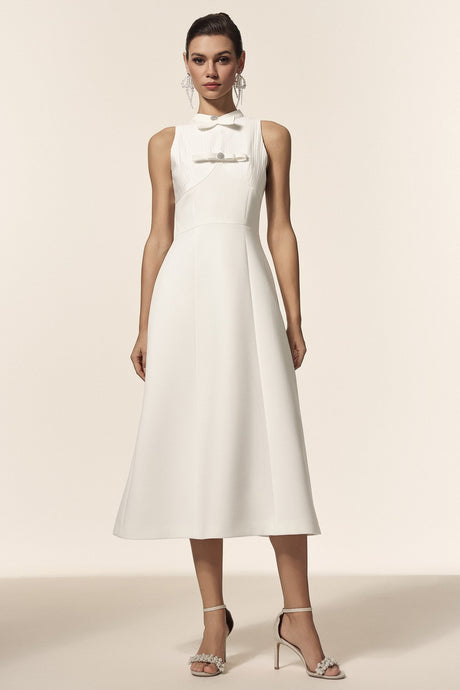 Delia White Midi Dress with Bowknot Detailing and Elegant Silhouette for Formal Events and Casual Outings