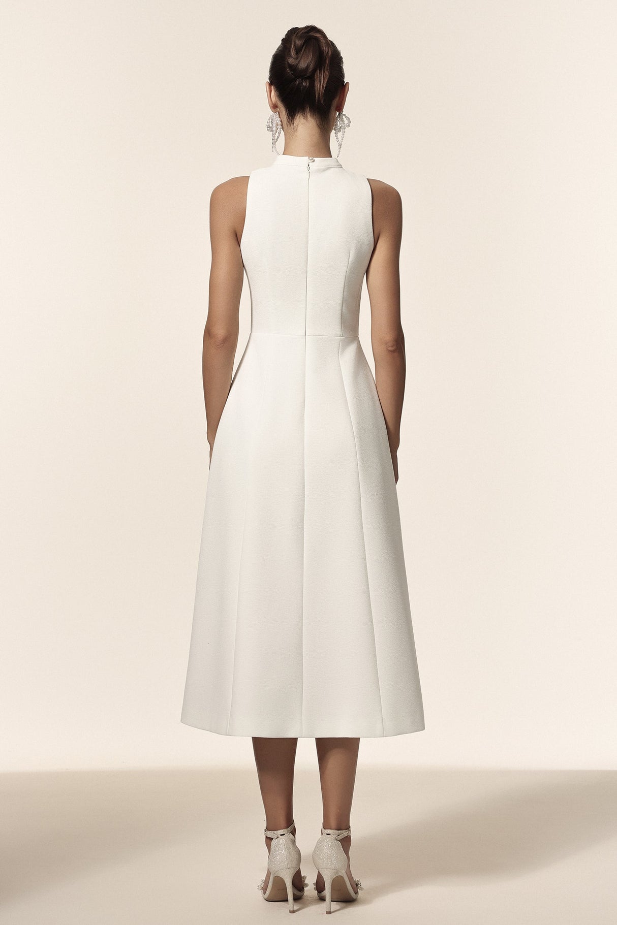 Delia White Midi Dress with Bowknot Detailing and Elegant Silhouette for Women