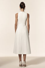 Delia White Midi Dress with Bowknot Detailing and Elegant Silhouette for Women