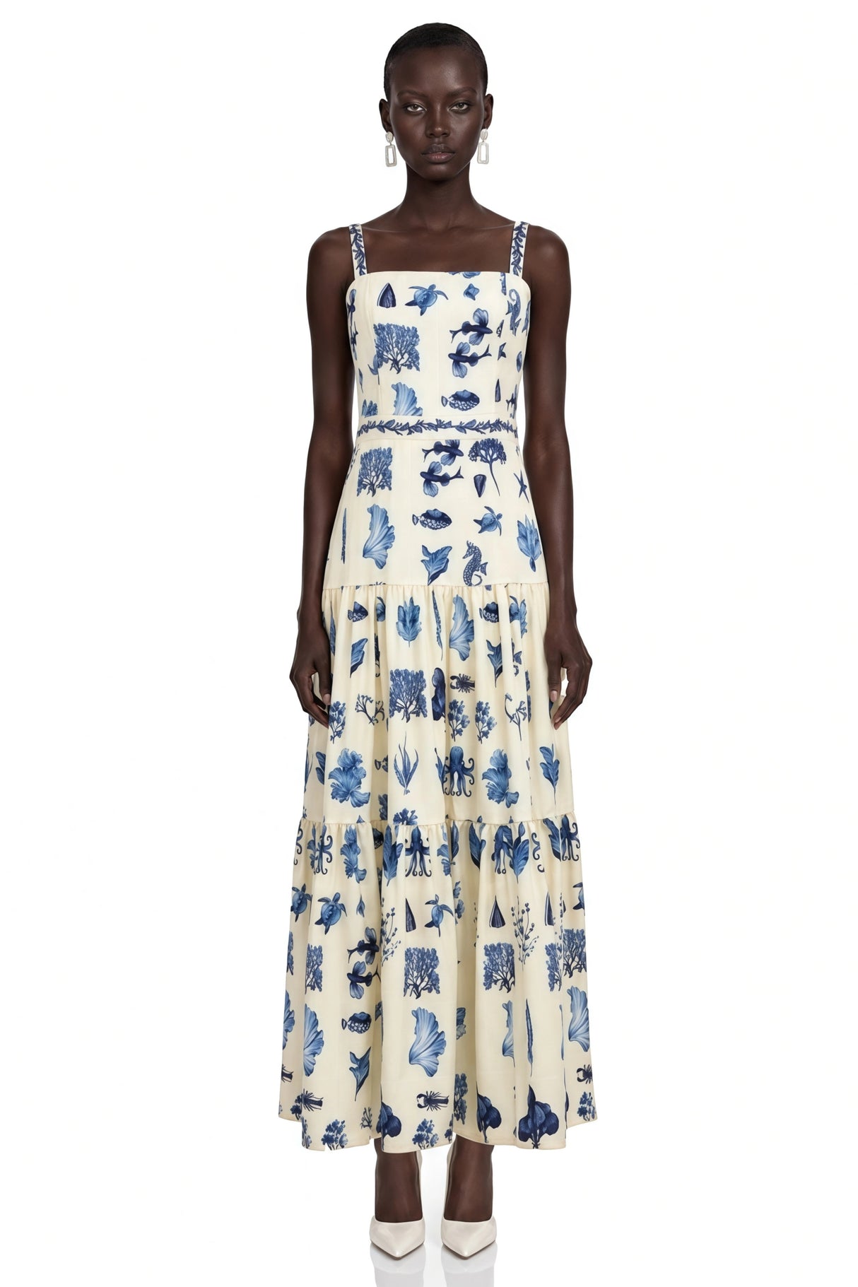 Delilah Blue Floral Print Midi Dress with Spaghetti Straps