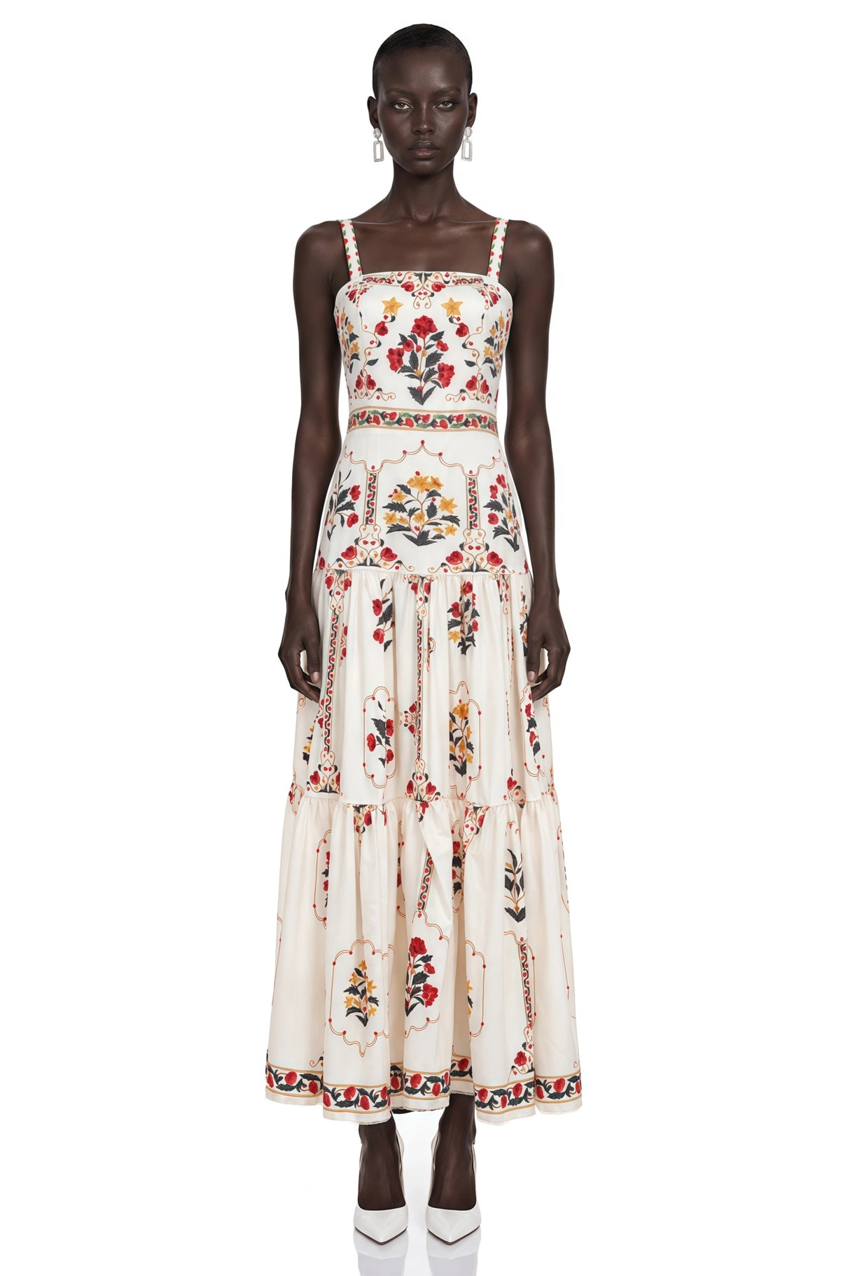 Delilah Cream Floral Print Midi Dress with Spaghetti Straps