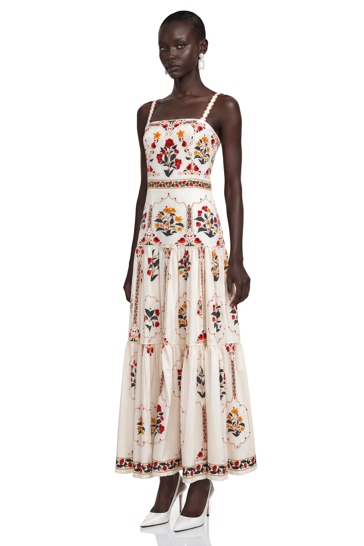 Delilah Cream Floral Print Midi Dress with Spaghetti Straps