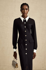 Delilah Maxi Dress - Classic Collar Design - Long Puffy Sleeves - Buttoned Cuffs - Front Flap Pockets