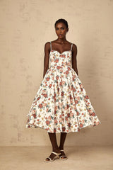 Delilah Midi Dress White Rose Print Flounce Sweetheart Boned & Zip