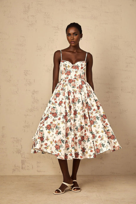 Delilah Midi Dress White Rose Print Flounce Sweetheart Boned & Zip