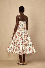 Delilah Midi Dress White Rose Print Flounce Sweetheart Boned & Zip