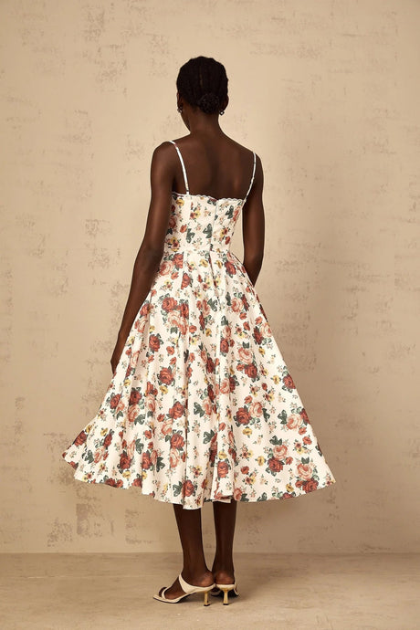 Delilah Midi Dress White Rose Print Flounce Sweetheart Boned & Zip