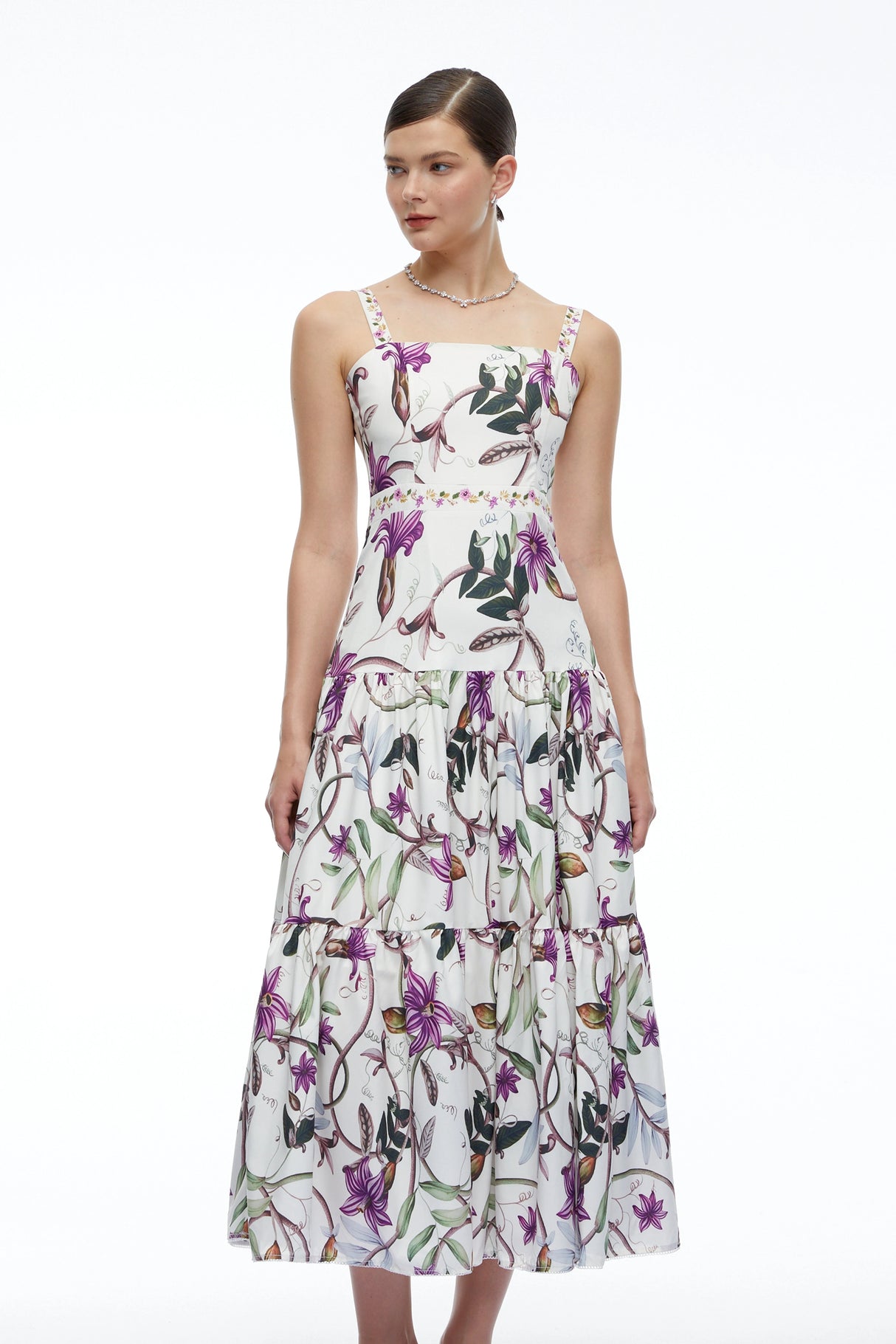 Delilah White Floral Print Midi Dress with Spaghetti Straps