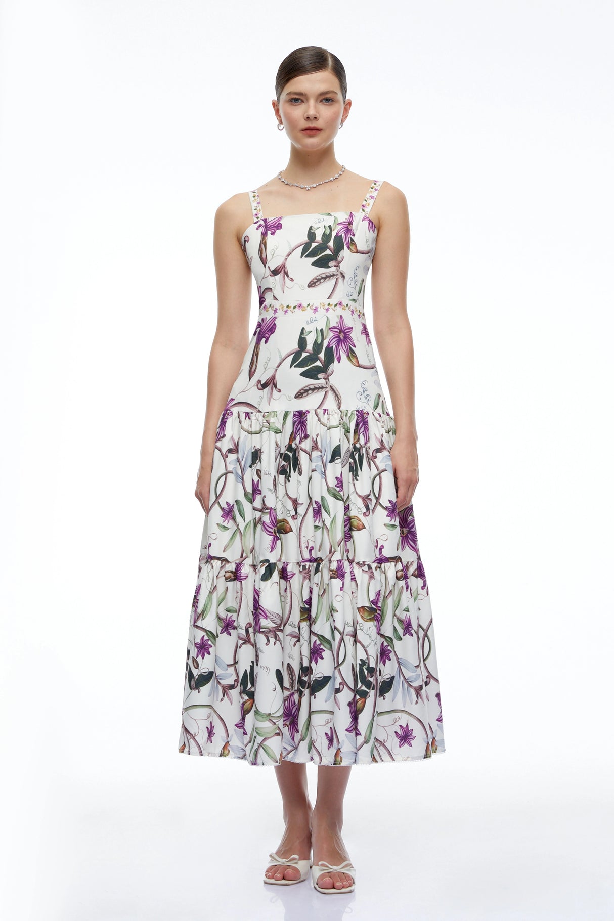 Delilah White Floral Print Midi Dress with Spaghetti Straps