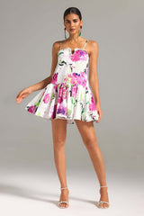 Delilah White Floral Summer Dress Sweetheart Neckline Spaghetti Straps Garden Party Beach Outing Lightweight Fabric Elegant Detailing Sandals Heels