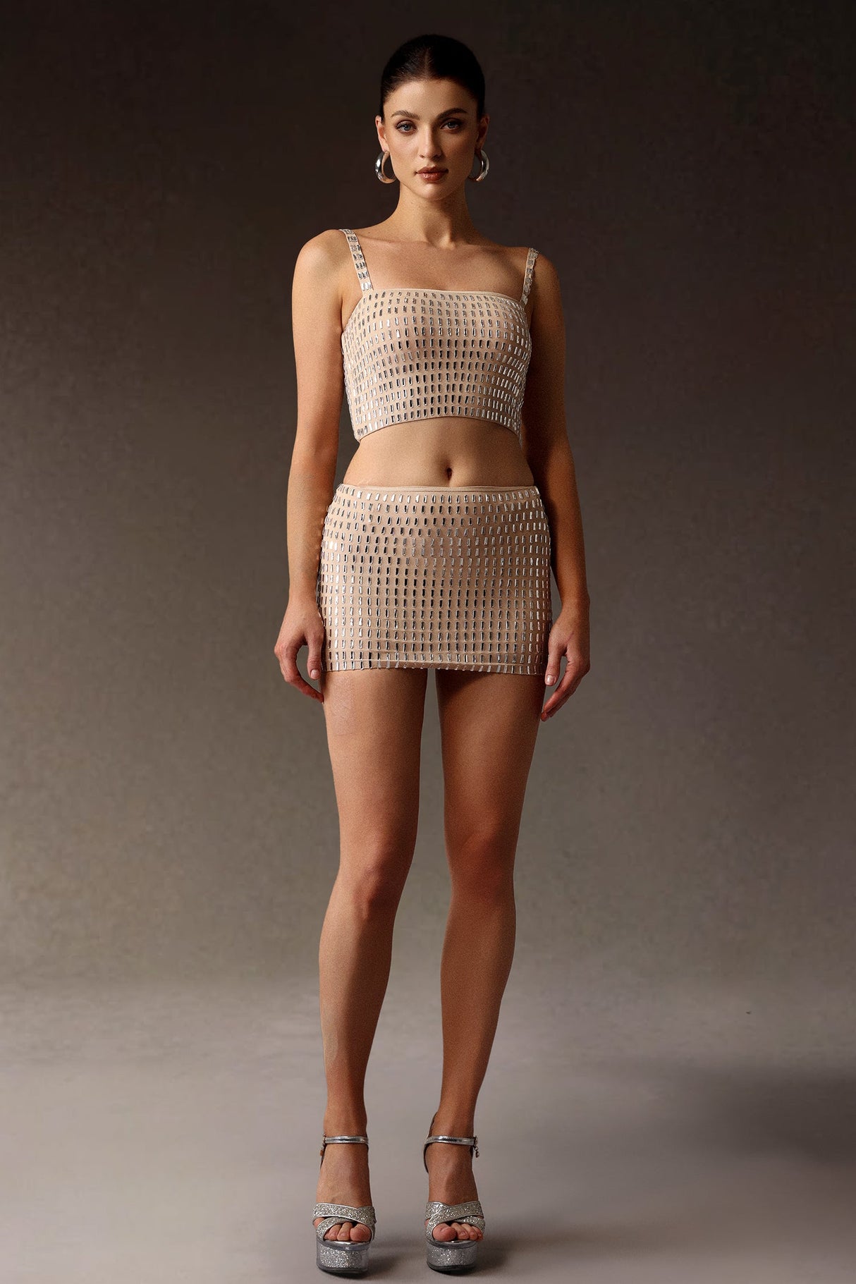 Delizia Beige Figure-Hugging Dress with Intricate Detailing and Elegant Neckline