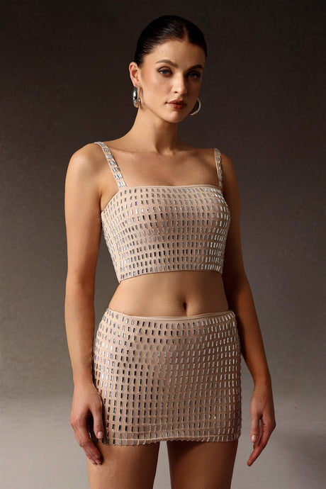 Delizia Beige Figure-Hugging Dress with Intricate Detailing and Elegant Neckline
