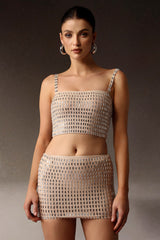 Delizia Beige Figure-Hugging Dress with Intricate Detailing and Elegant Neckline