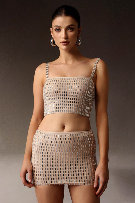 Delizia Beige Figure-Hugging Dress with Intricate Detailing and Elegant Neckline