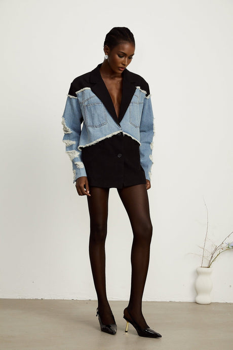 Delizia Denim Blazer - Peak Lapels - Ripped Detailing - Fringed Design - Buttoned Cuffs