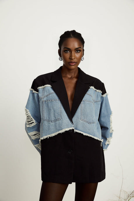 Delizia Denim Blazer - Peak Lapels - Ripped Detailing - Fringed Design - Buttoned Cuffs