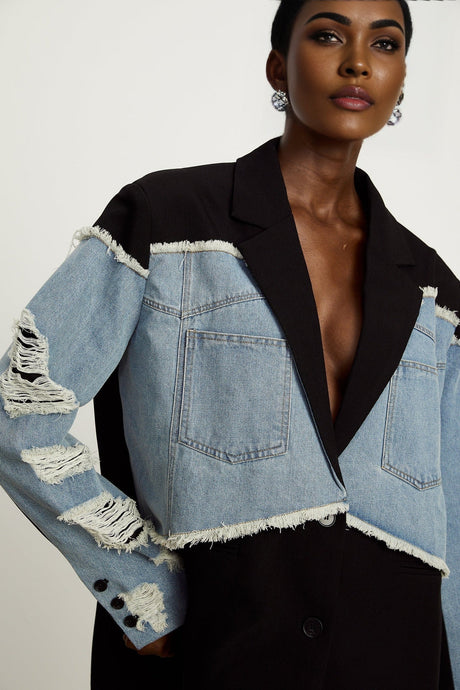 Delizia Denim Blazer - Peak Lapels - Ripped Detailing - Fringed Design - Buttoned Cuffs
